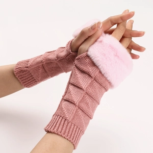 Detail of pink plaid knit fingerless gloves with fluffy faux fur cuffs and ribbed wrist