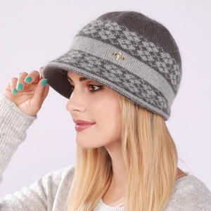 Women's warm winter knit bucket hat with grey mixed wool texture and gold bee accent