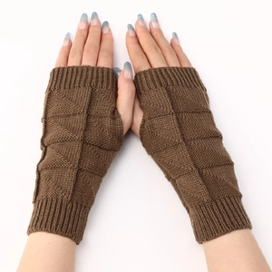 Brown knit fingerless gloves with diamond texture and ribbed cuffs for winter warmth