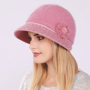 Women's Knitted Beanie Cloche Hat With Flower Decoration Faux Rabbit Fur Thickened Warm Winter Elegant Bucket Hat For Ladies
