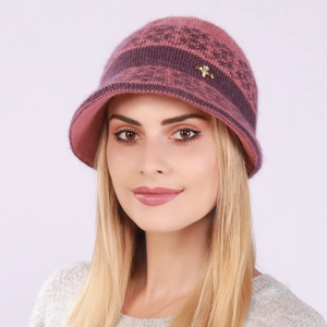 Women knit bucket hat with jacquard pattern and golden bow accent in plum purple