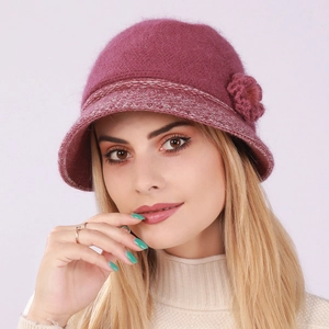 Women's warm knitted cloche hat in purple rabbit hair blend with floral detail