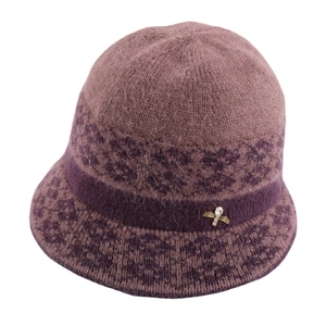 Women's warm winter knitted visor hat with purple fleece lining and golden insect brooch