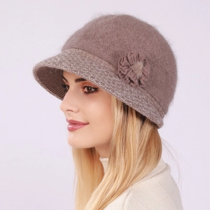 Women's warm winter knit hat with floral accent in elegant purple rabbit hair blend