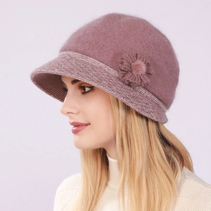 Women's warm winter rabbit fur knit bucket hat with decorative flower and fleece lining