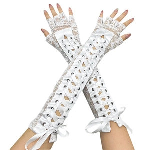 Gants longs sans doigts en dentelle blanche avec rubans croisés et détails de nœuds