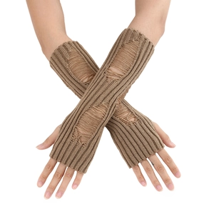 Close-up of khaki distressed knit arm warmers with thumb holes and ripped texture