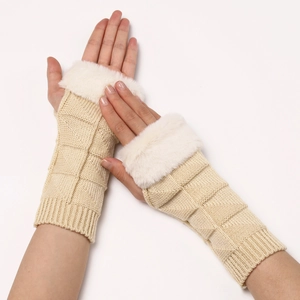 Close-up of beige waffle-knit fingerless gloves with soft white faux fur trim cuffs