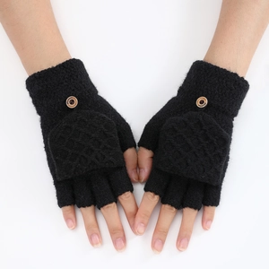 Black knitted convertible fingerless gloves with diamond pattern and fashion button
