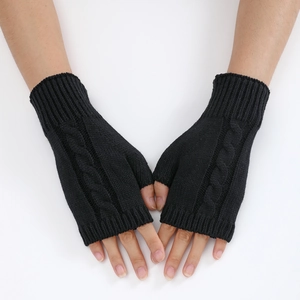 Classic black cable knit fingerless gloves with a stylish half-finger design and ribbed cuff