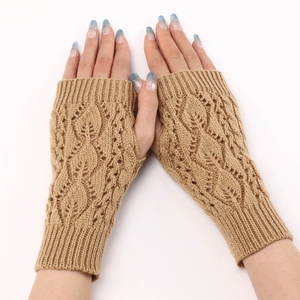 Khaki knit fingerless gloves featuring hollow leaf patterns and warm ribbed cuffs