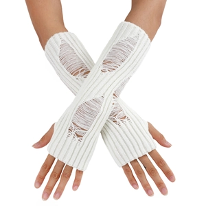 White distressed knitted arm warmers with thumb holes and punk style ripped details