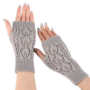 Grey knit fingerless gloves with hollow leaf pattern and ribbed cuffs for warmth