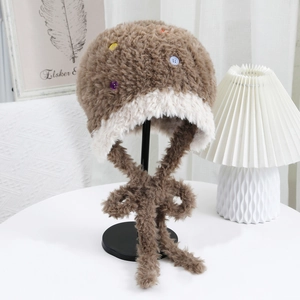 Orecchierina in Pelliccia Sintetica da Donna Cappello Beanie Bottoni Colorati Peluche Caldo Cappello a Maglia Con Lacci Antivento