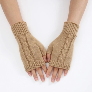 Winter cable knit fingerless gloves in khaki showing warm thick twist pattern