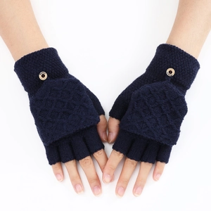 Navy knit flip-top fingerless gloves with diamond patterns and wooden button detail