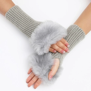 Guantes de punto gris sin dedos con ribete de piel sintética para otoño e invierno