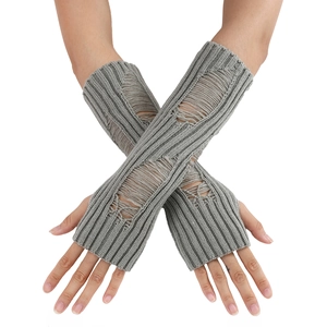 Long grey ripped knit fingerless gloves with punk style distressed hole design