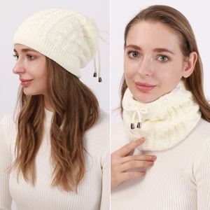 Winter fleece-lined cable knit hat and neck warmer set in cream white for unisex