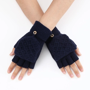 Macro shot of navy knit fingerless gloves with convertible flip top and button detail