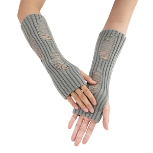 Detailed knit texture of grey distressed fingerless arm warmers with hole design