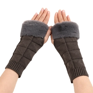 Women's dark brown knit fingerless gloves with elegant grey faux fur trim for winter