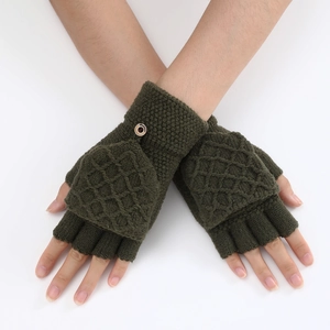 Detail of dark green diamond-pattern knitted convertible gloves with a fashion button