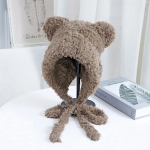 Women Cute Plush Bear Ear Beanie Hat Winter Warm Faux Fur Earflap Knit Hat With Long Straps Solid Color Kawaii Outdoor Cap