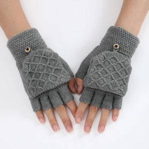 Unisex Knit Flip Top Gloves Winter Warm Half Finger Mittens Rhombus Pattern Acrylic Gloves With Decorative Button