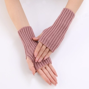 Women's pink ribbed knit fingerless gloves with thumb holes for autumn winter warmth