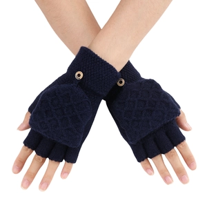Navy blue knitted flip-top gloves with thick diamond pattern and wooden button detail