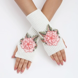 Gants en tricot blanc sans doigts avec broderie florale rose et détails de feuilles vertes