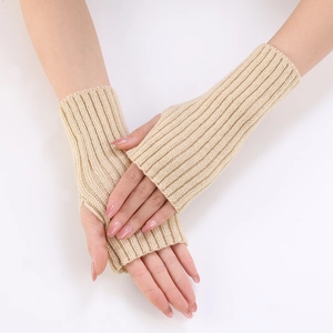 Women's chic beige ribbed knit fingerless gloves with soft textured arm warmer design
