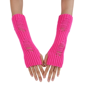 Detail of neon pink knit arm warmers with distressed ripped holes and ribbed texture
