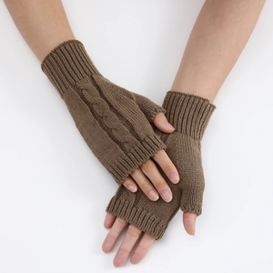 Detailed cable knit pattern on dark brown fingerless winter gloves for autumn and winter