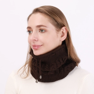 Detail of coffee brown cable knit neck warmer with adjustable drawstring and silver tips