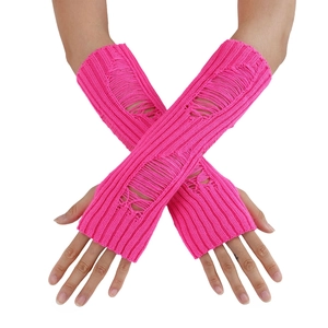 Close-up of fluorescent pink distressed knit arm warmers with punk style ripped hole details