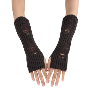 Detailed knit texture of distressed long fingerless gloves in dark brown finish