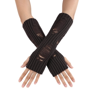 Detailed knit texture of dark brown distressed arm warmers with thumb holes