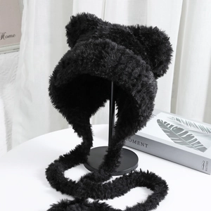 Detail view of black faux fur plush cat ear hat with integrated long scarf design