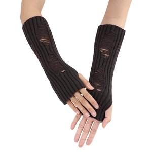 Close-up of distressed dark brown knit arm warmers with ripped hollow-out design