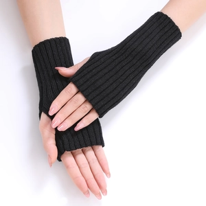 Women's black knitted fingerless gloves with striped texture for winter hand warmth