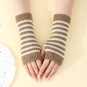 Detail of brown and white striped knit fingerless gloves with thumb hole for women