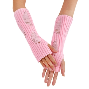 Detail of pink knitted arm warmers with distressed hole design and thumb hole feature