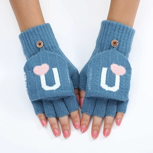 Gants à Rabat Convertibles en Acrylique pour Femmes Cœur Lettre U Hiver Chaud Tricoté Mitaines Demi-Doigts Avec Bouton Mignon Doux Mode