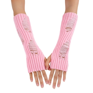 Detailed knit texture of pink ripped fingerless long gloves in street punk style