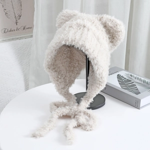 Cute plush cat-ear winter knit hat with long earflaps in cream white soft faux fur