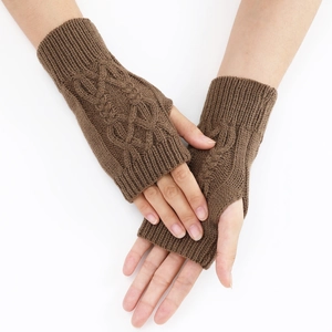 Gants tricotés sans doigts marron foncé avec motif torsadé et trou pour le pouce hiver