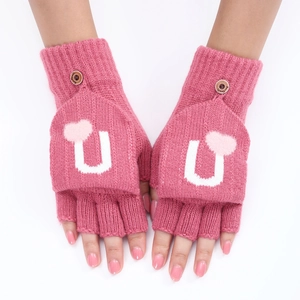 Mitaines roses en tricot pour femme avec broderie cœur et rabat amovible pratique
