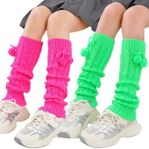 Calentadores de Piernas de Acrílico Trenzado Con Pompones Para Mujeres Niñas Invierno Cálido Punto Calcetines Largos Alta Elasticidad Color Sólido